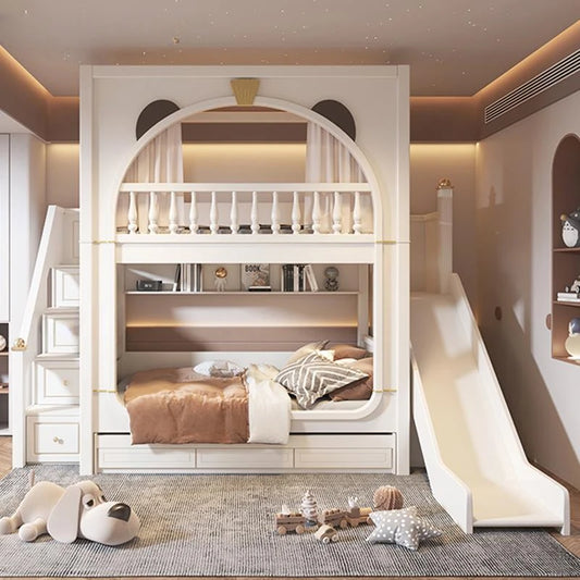 Modern Solid Wood Bunk Bed: Cute White Boy's Children's Bed with Ample Storage