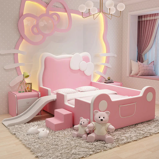 Hello Kitty Princess Bed: 1.5 Solid Wood Single Pink Slide Cartoon Leather Kids Bed with Guardrai