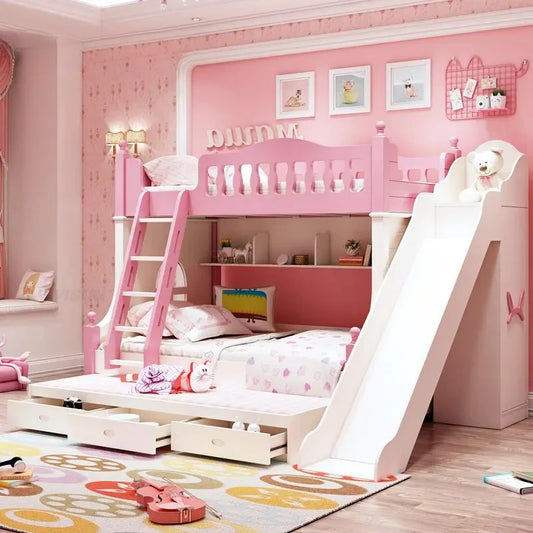 Imported Style Pink Princess Bunk Bed with Desk and Wardrobe: Perfect Combination for Children's Bedrooms