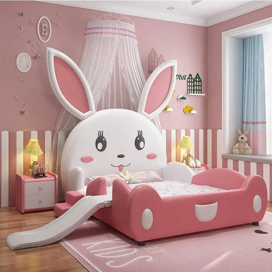Pink Princess Bed For 3 To 16 Years Old Children Solid Wood Furniture Cute Rabbit Shape Bedroom Girl Kids Bed With Guardrail